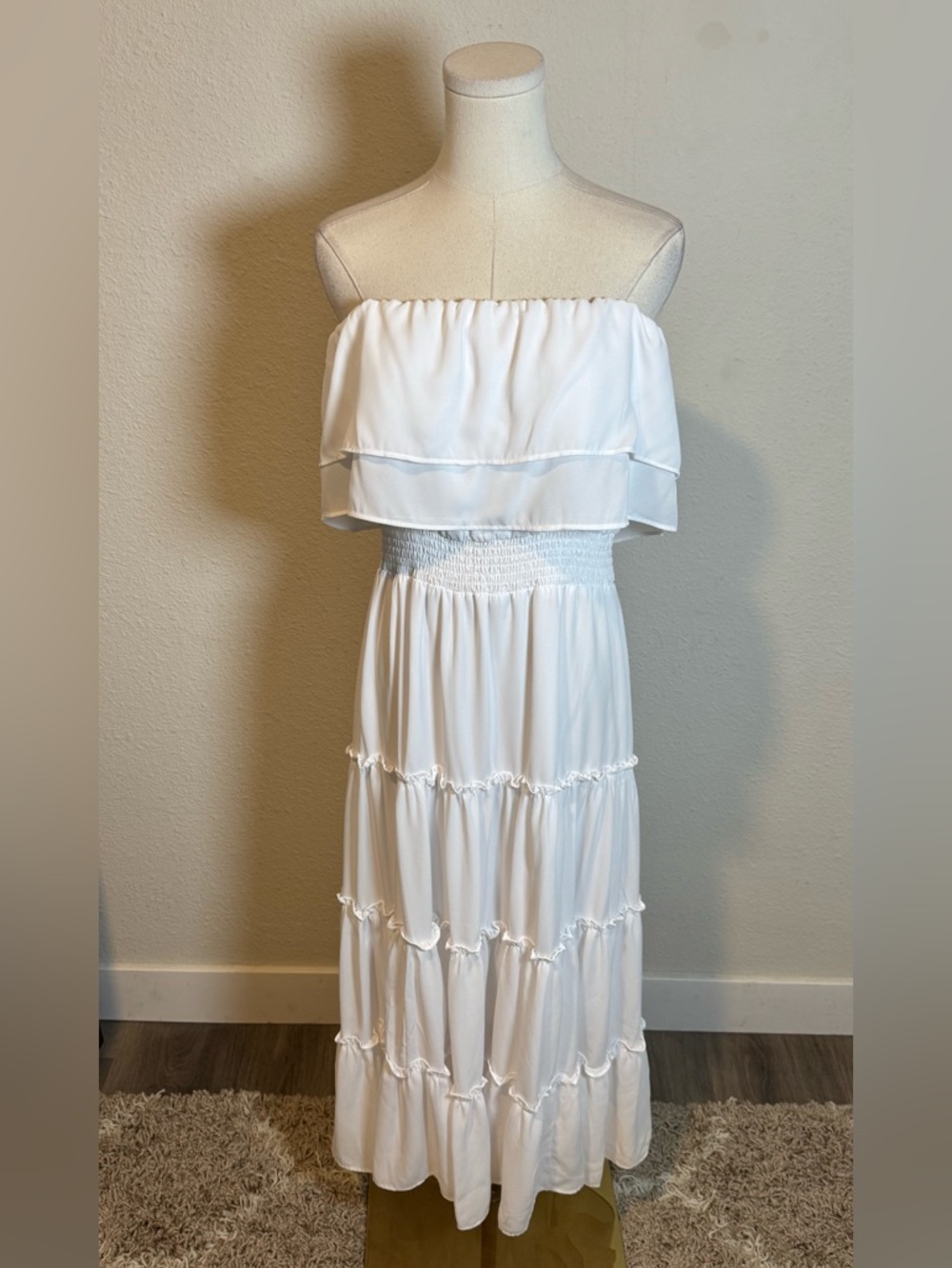 NWT 1. STATE Strapless Tiered Ruffle Midi Dress Ultra White size Large - Picture 2 of 13